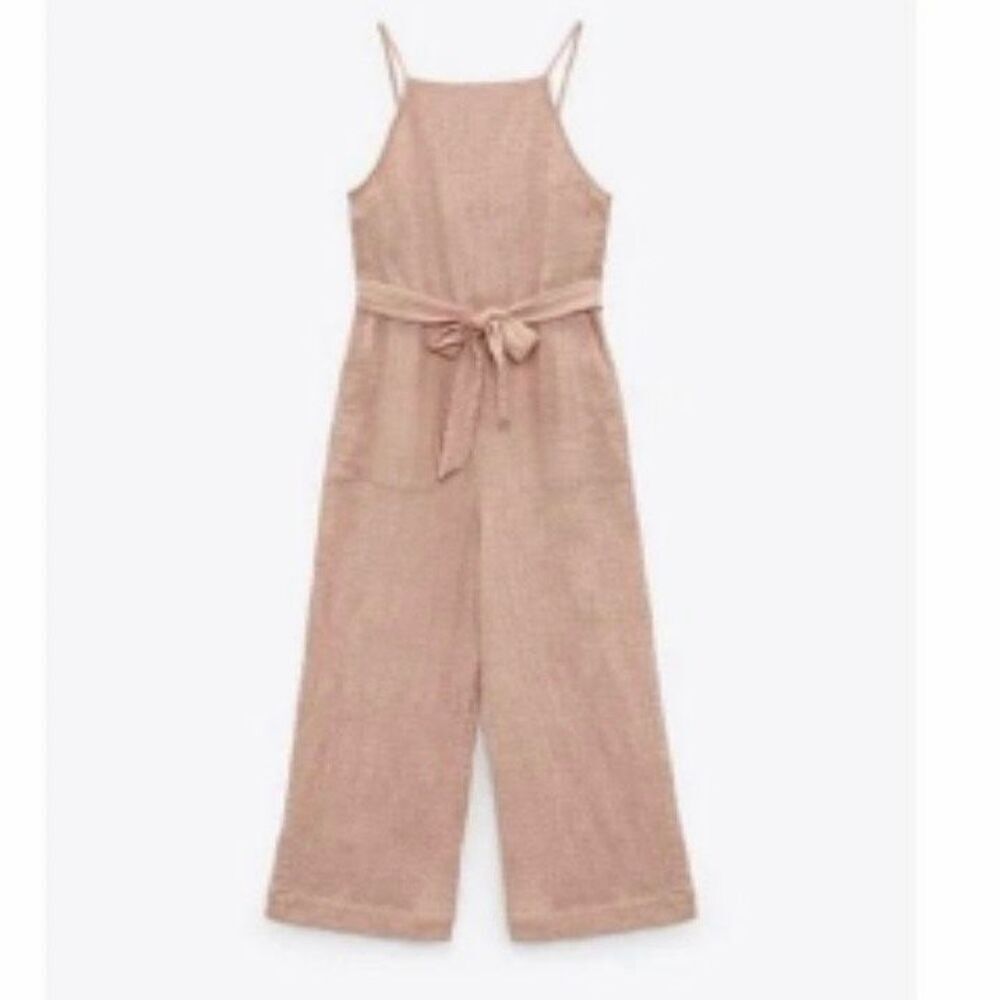 Zara Gauze‎ Cotton Peach Backless Jumpsuit Waist Tie Spaghetti Straps Pockets Sz - Picture 2 of 7